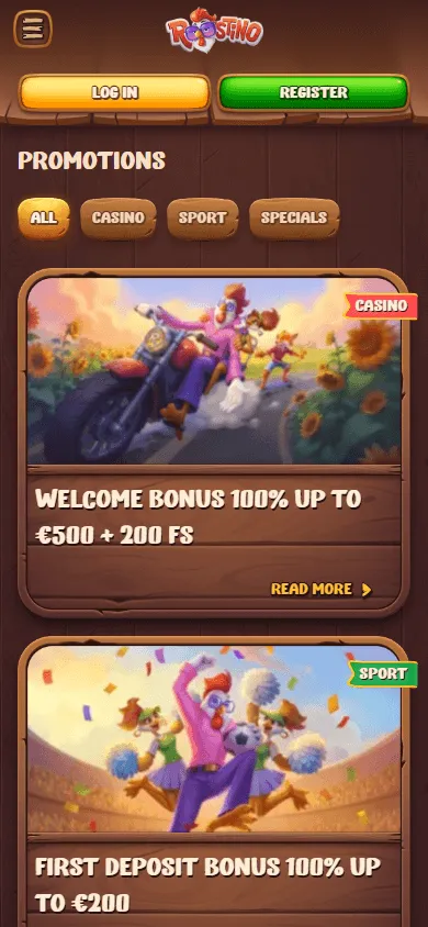 Roostino Casino mobile promotions area with bonus offers