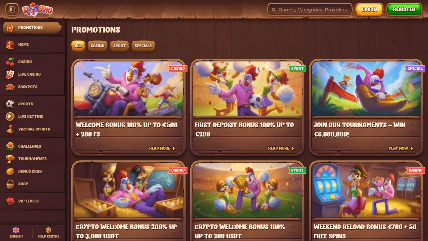 Roostino Casino desktop promotions area with casino and sports offers