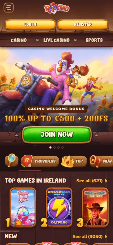 Roostino Casino mobile home accessed through a phone browser