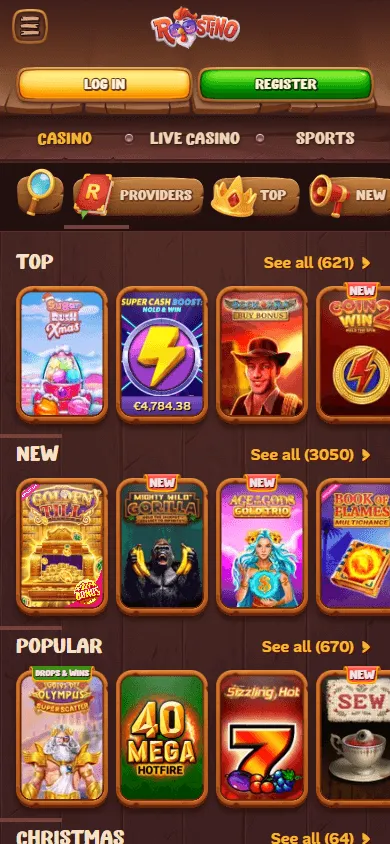 Roostino Casino mobile games area with slots and live casino categories