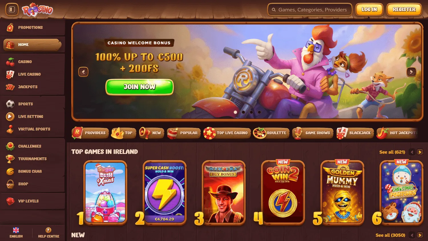 Roostino Casino desktop home with casino and sports betting access