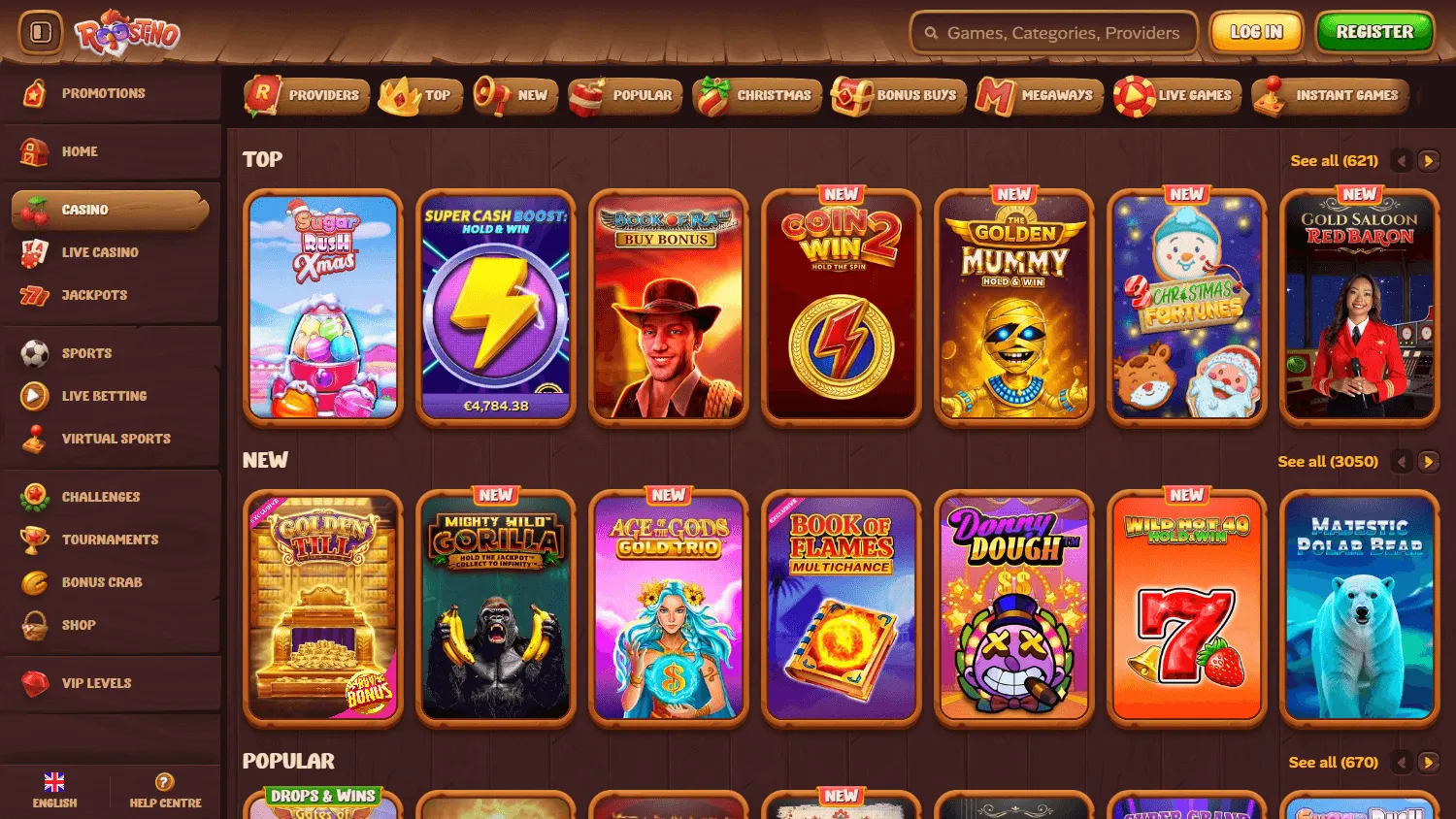 Roostino Casino desktop games area with casino categories and titles